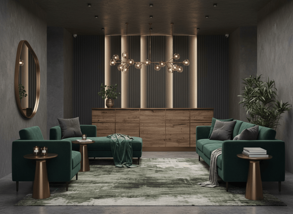 Boutique luxe interior with rich green tones and layered textures
