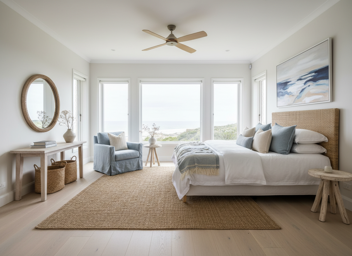 Airy coastal interior with soft blue and sand tones
