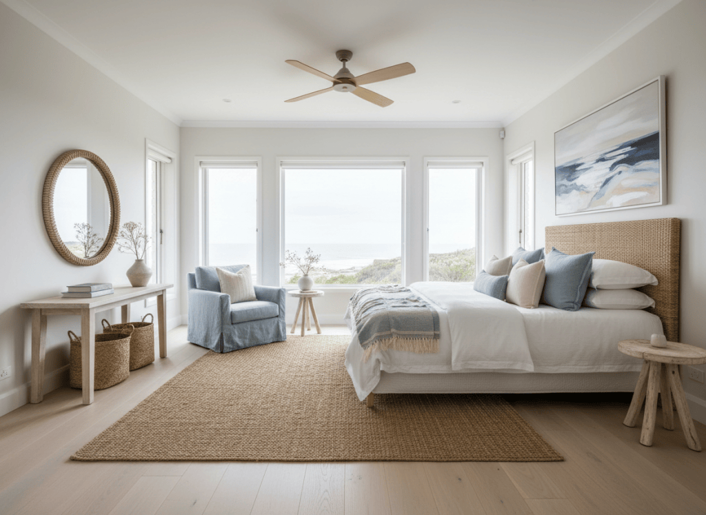 Airy coastal interior with soft blue and sand tones