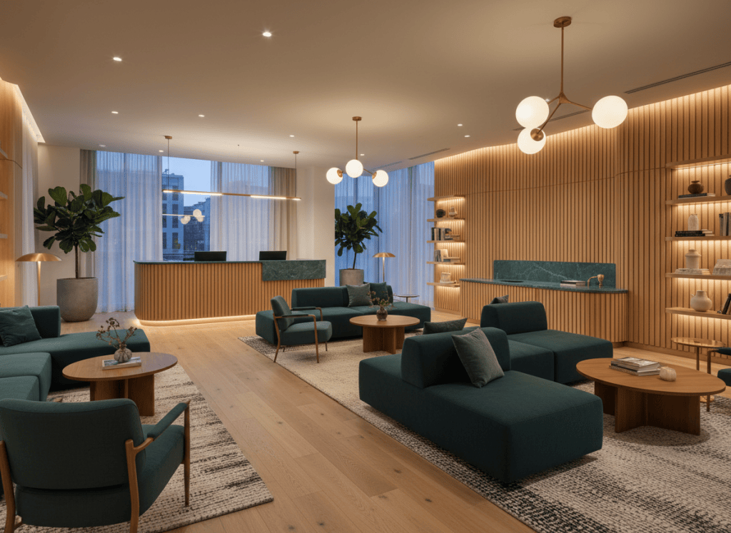 Modern boutique hospitality interior with lounge seating and reception feel