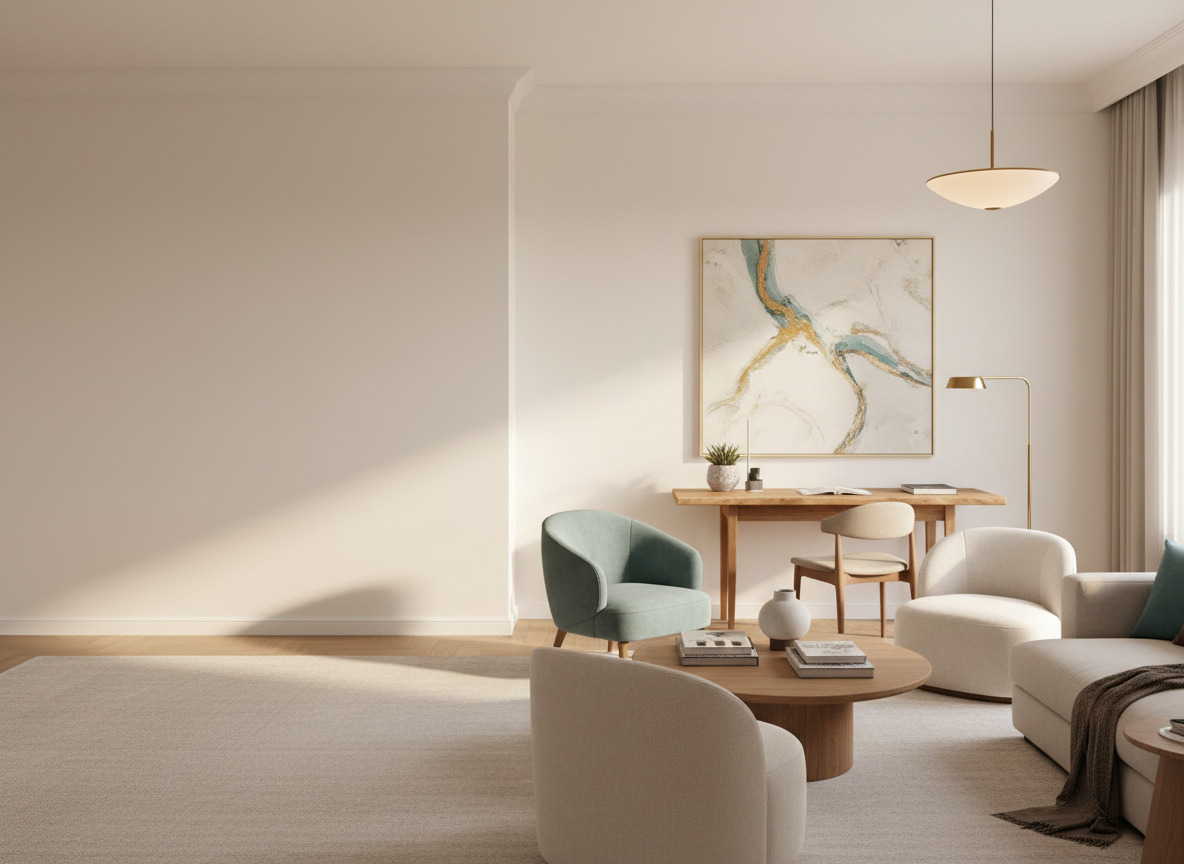 Welcoming styled interior with desk and lounge area