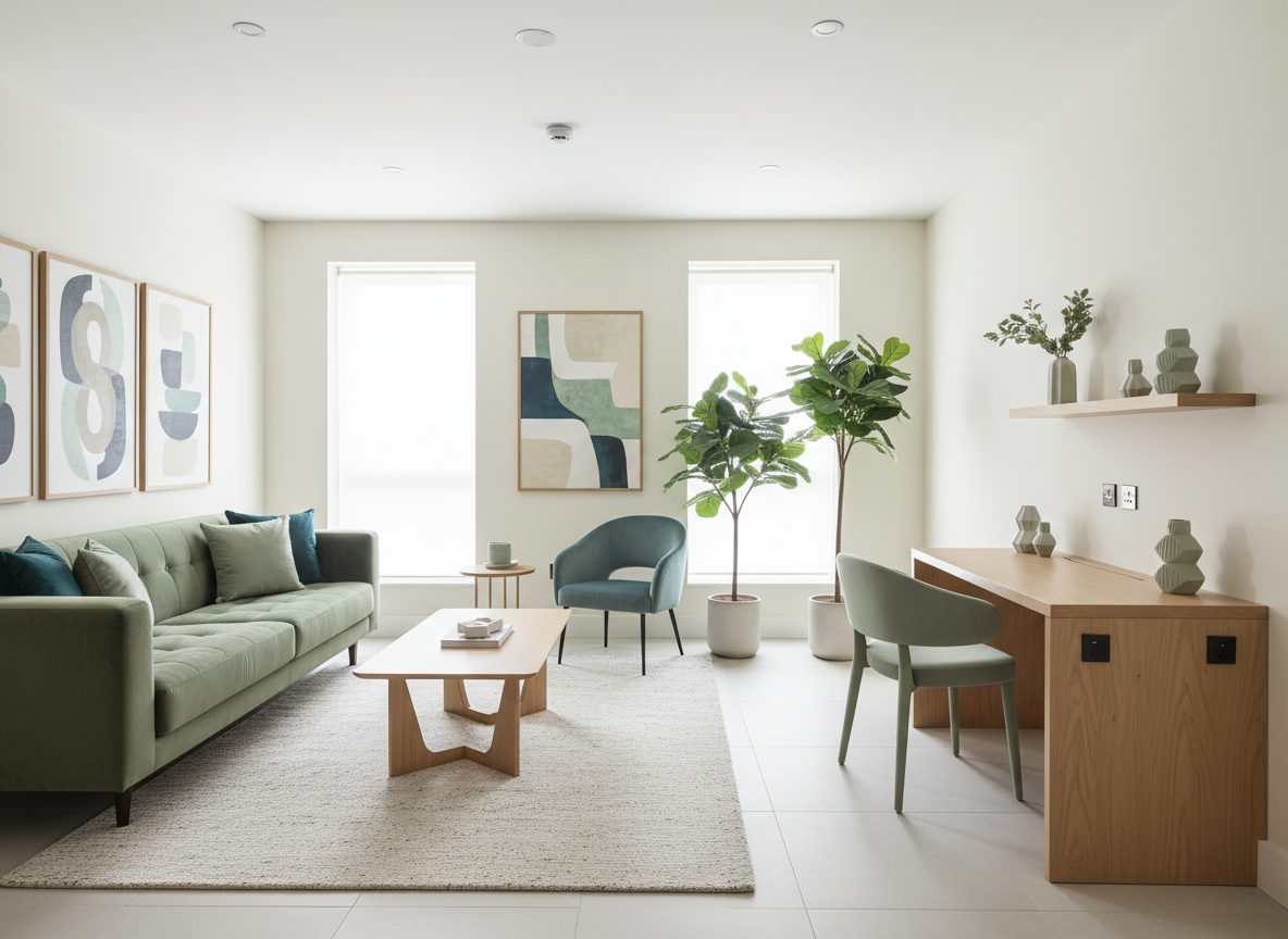 Fresh contemporary interior with clean lines and green accents