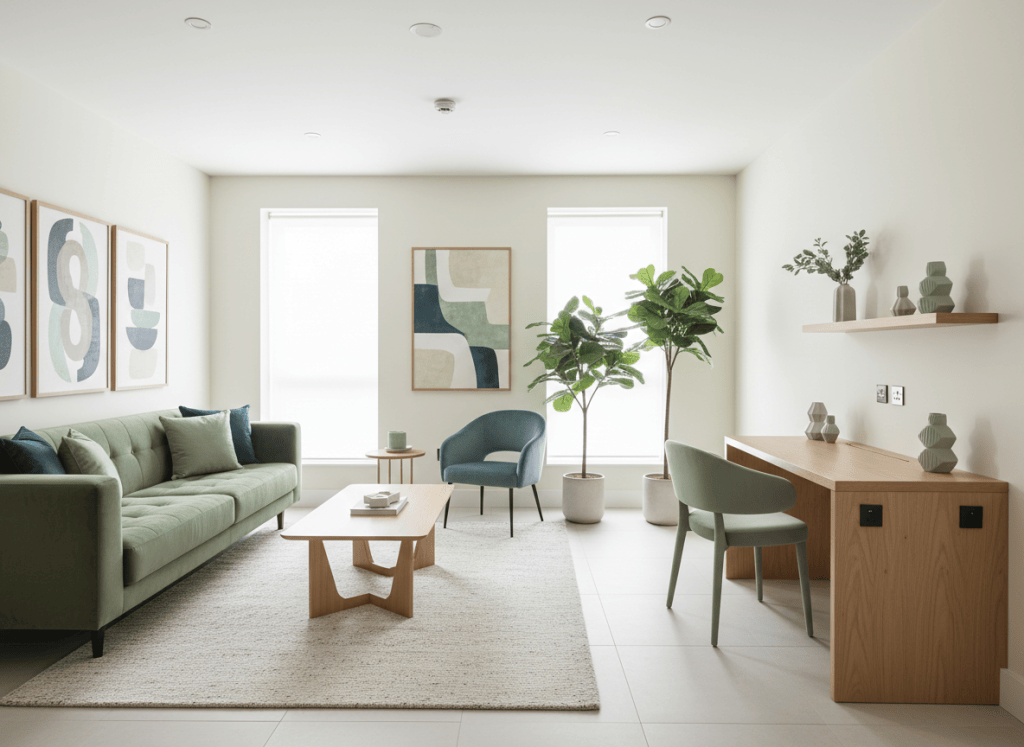 Fresh contemporary interior with clean lines and green accents