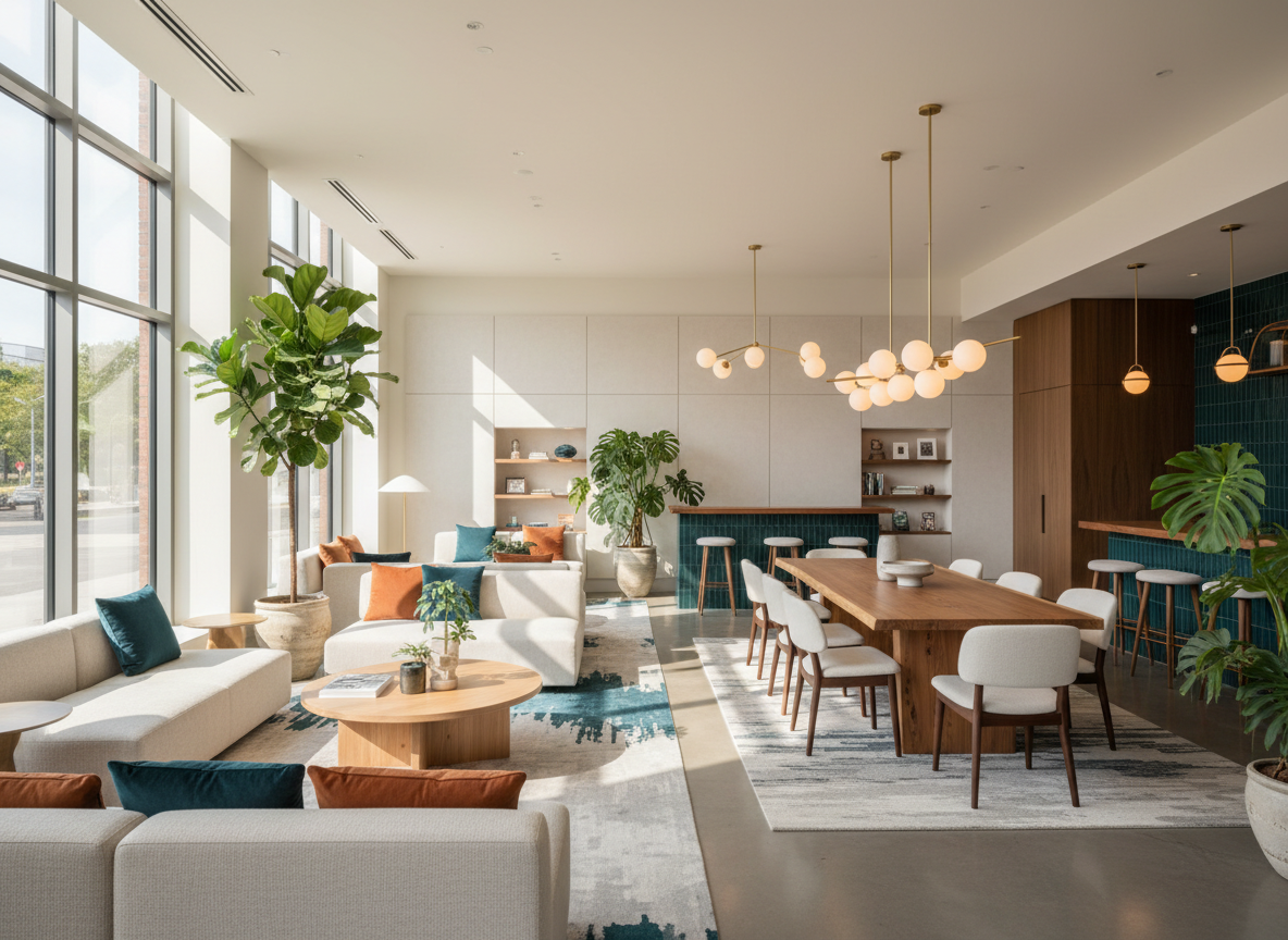 Design-led hospitality interior with lounge, dining area and greenery