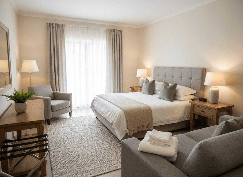 Practical neutral guest interior with durable coordinated furnishings