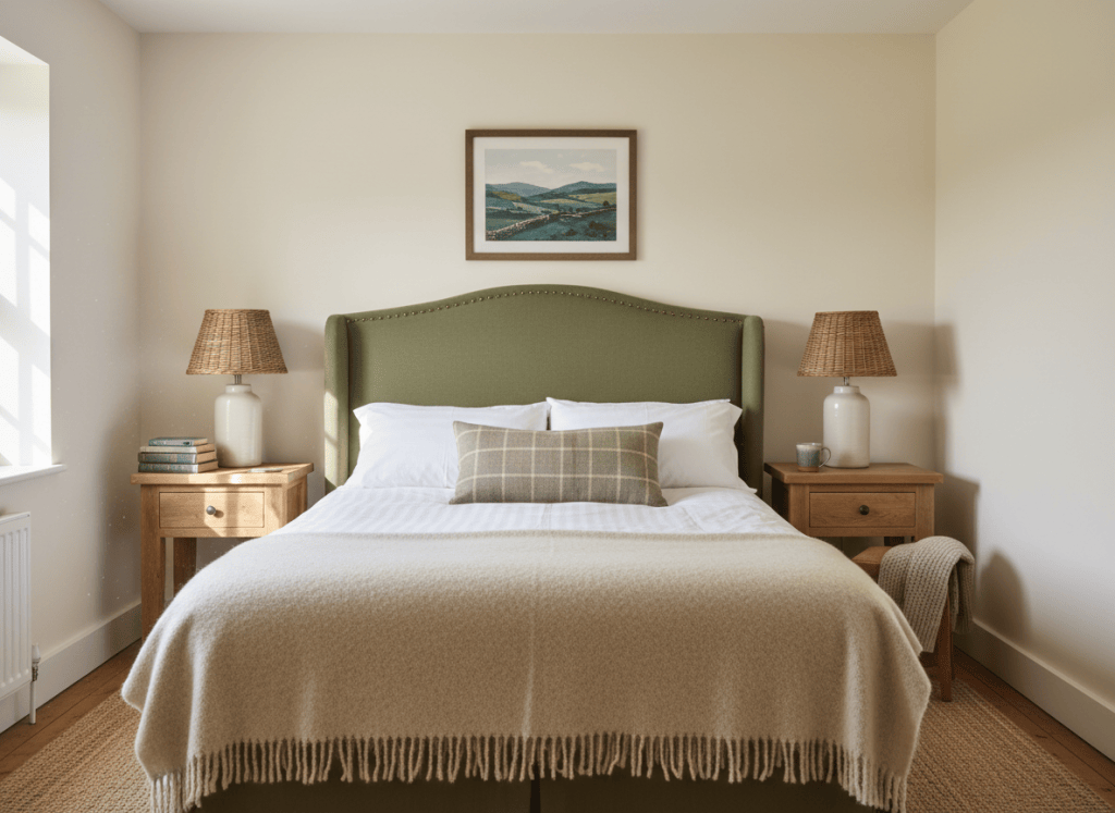 Modern country bedroom for a Peak District holiday cottage with olive green and neutral styling