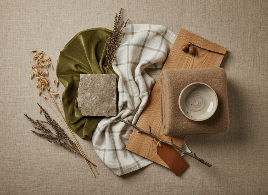 Peak District cottage colour palette with olive green, warm stone, natural wood and neutral fabrics