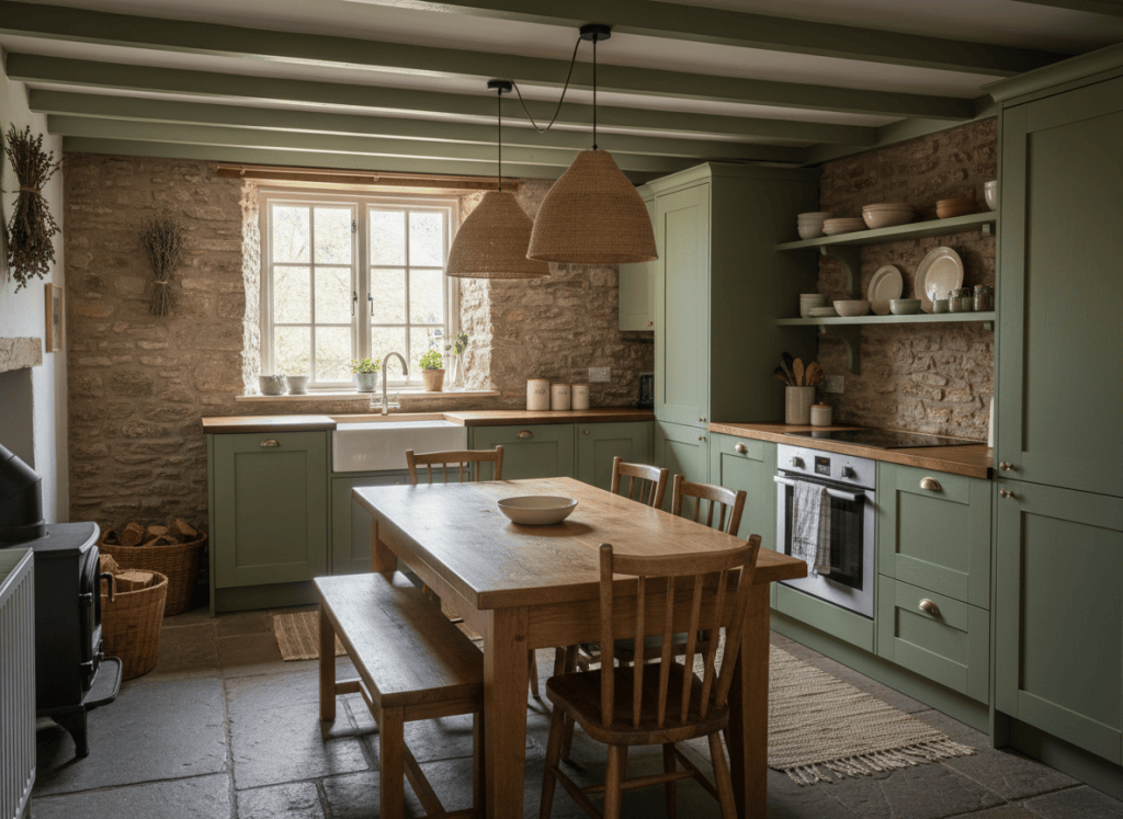 Country kitchen and dining interior for a four-guest Peak District holiday cottage