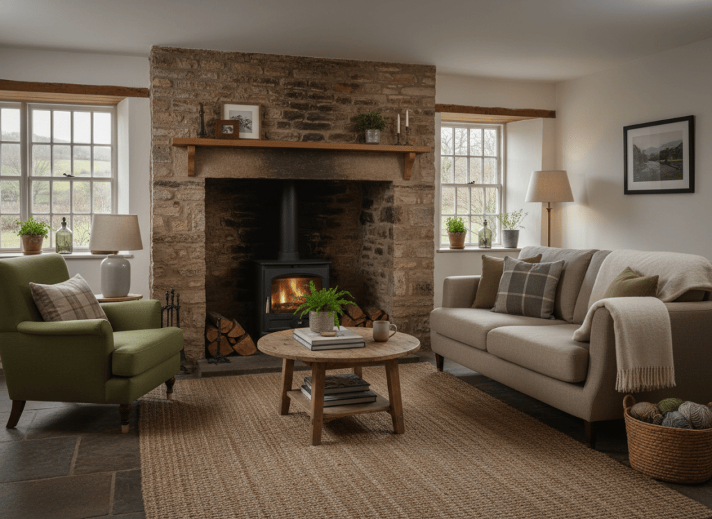 Peak District cottage living room design with stone fireplace, neutral sofa and olive green accents