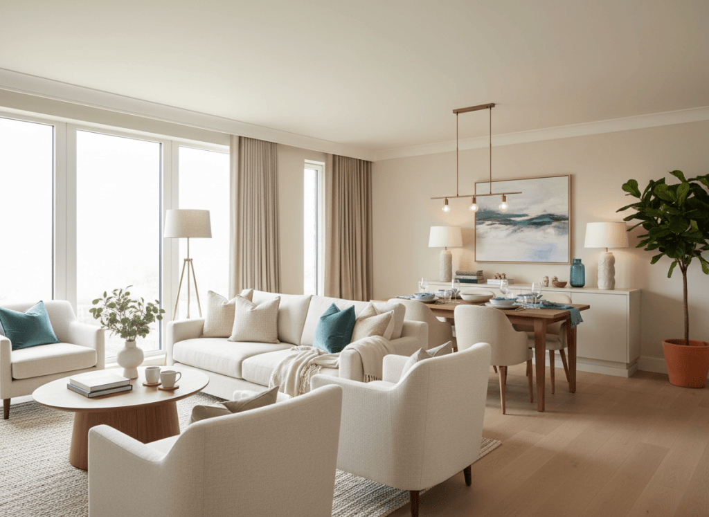 Guest-ready serviced accommodation interior with coordinated furniture, accessories and practical essentials