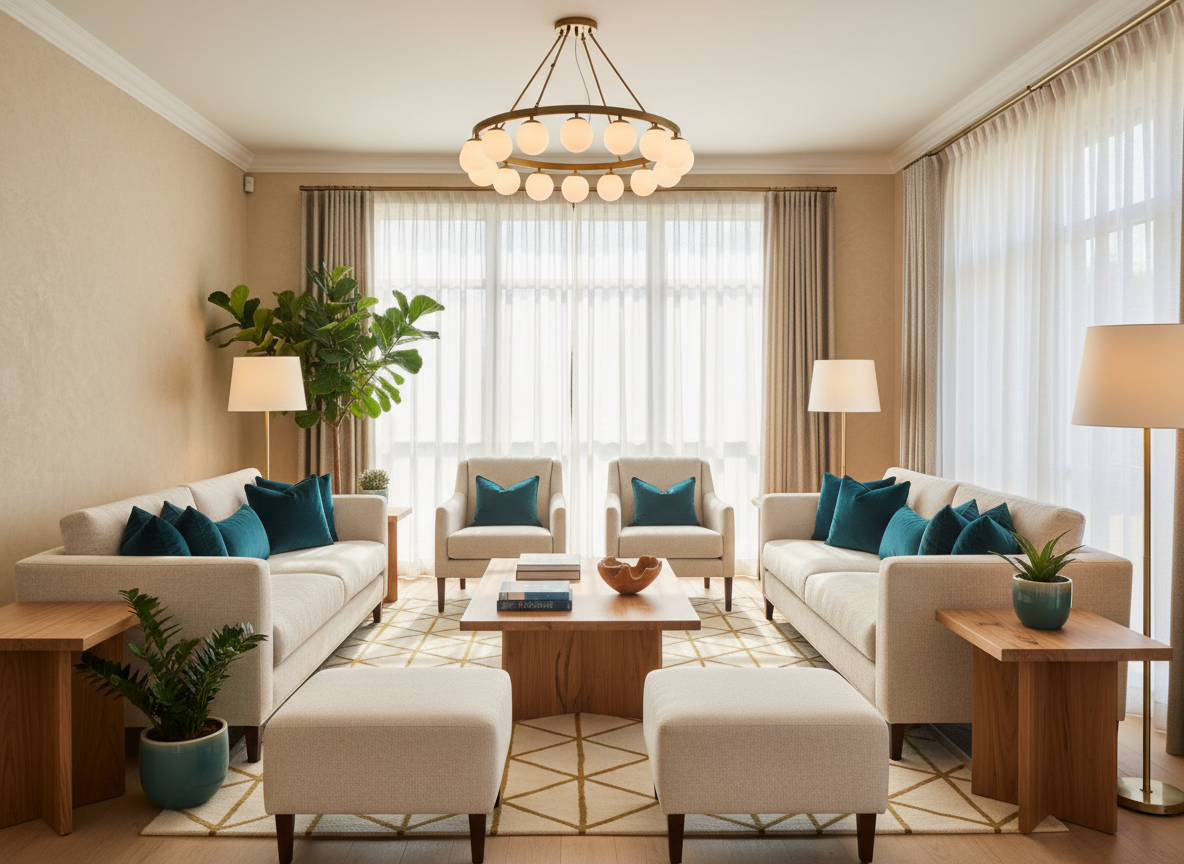Elegant furnished hospitality lounge with teal accents and warm natural materials