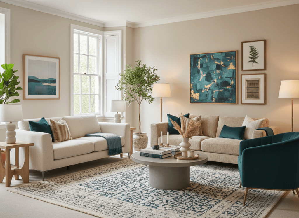 Elegant serviced accommodation living room showing a premium neutral and teal furnishing scheme