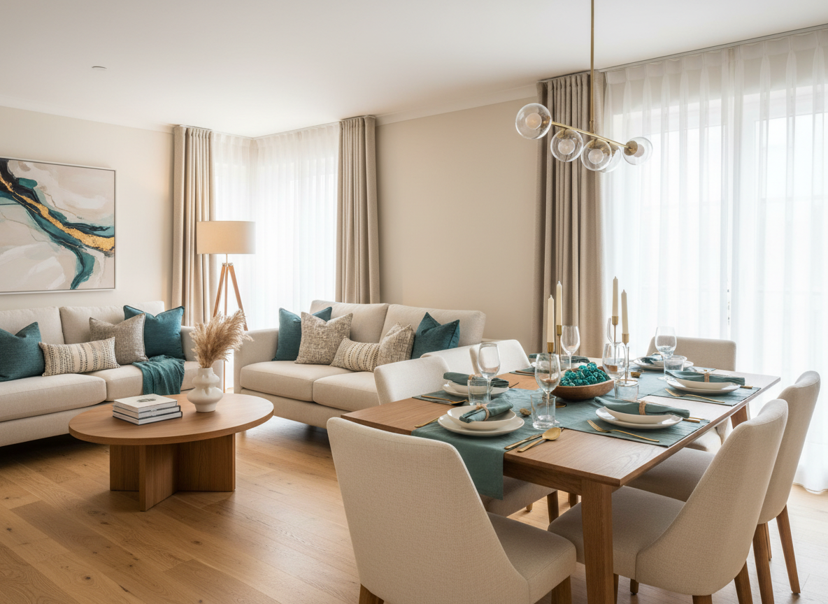 Fully staged guest-ready serviced accommodation living and dining space