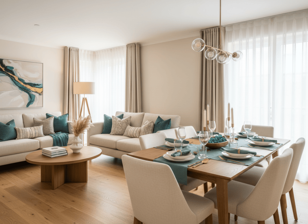 Fully staged guest-ready serviced accommodation living and dining space