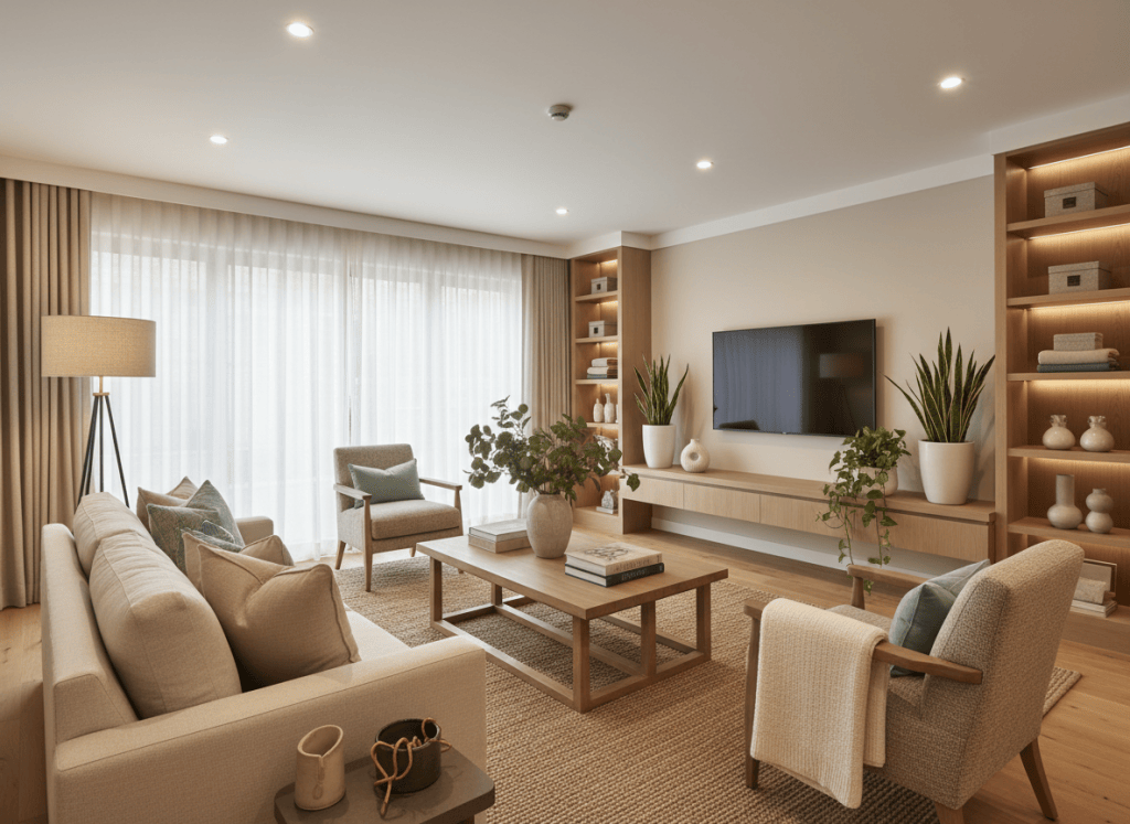 Warm modern interior with neutral tones, natural textures and teal accents